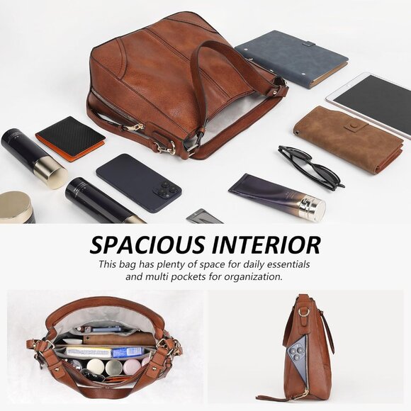 Women’s Brown 3PCS PU Leather Purses Set Crossbody Wallet & Hobo Tote Bag - Picture 5 of 8